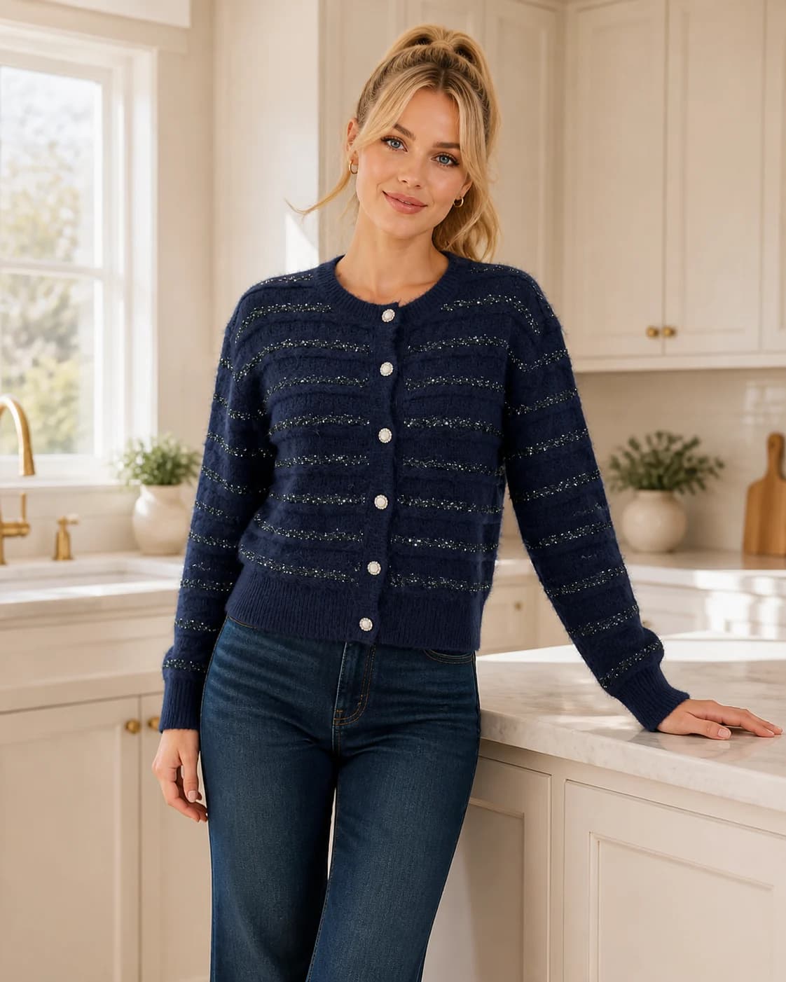 Tonal-stripe navy cardigan, view 1