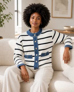 Denim-trim striped cardigan thumbnail 2
