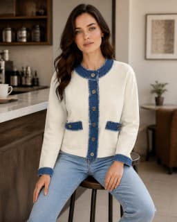 Contrast-trim cream cardigan thumbnail 2