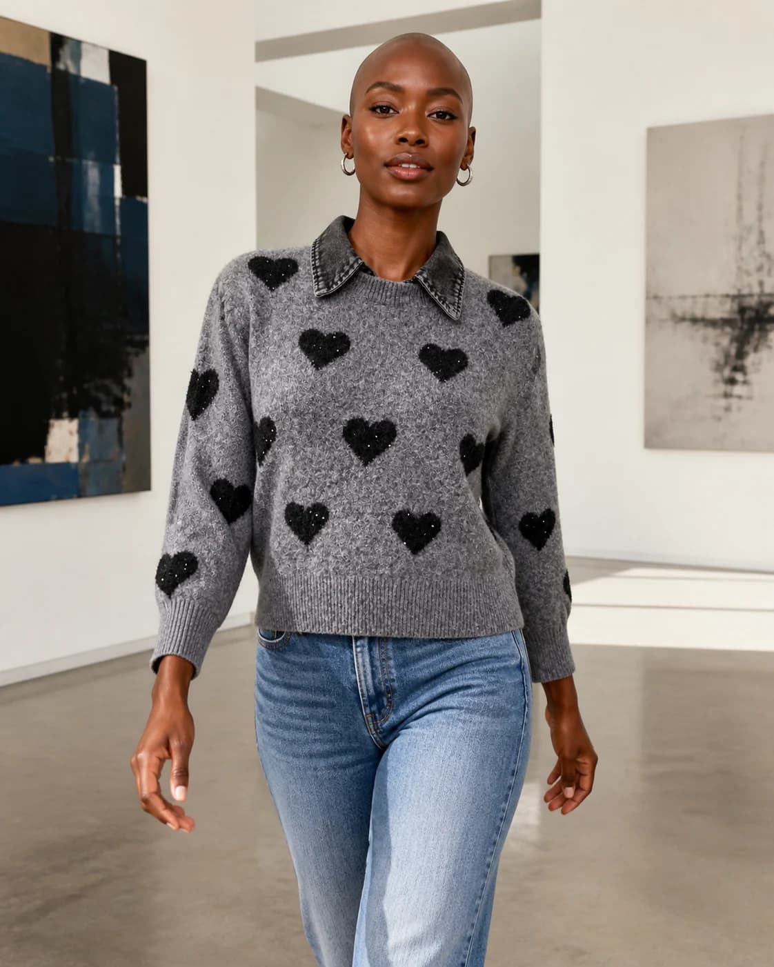 Heart-pattern knit pullover