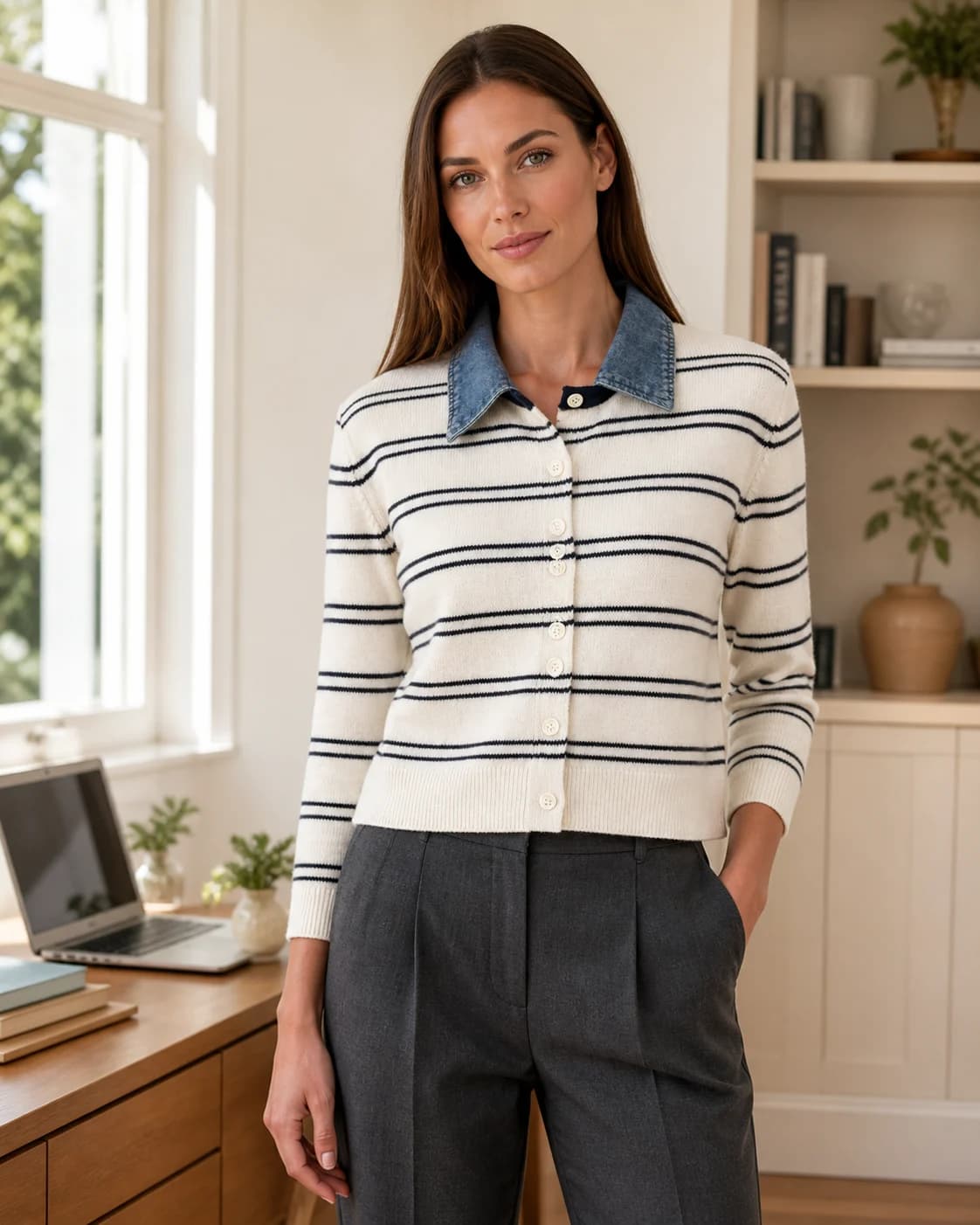 Fine-stripe knit pullover, view 1